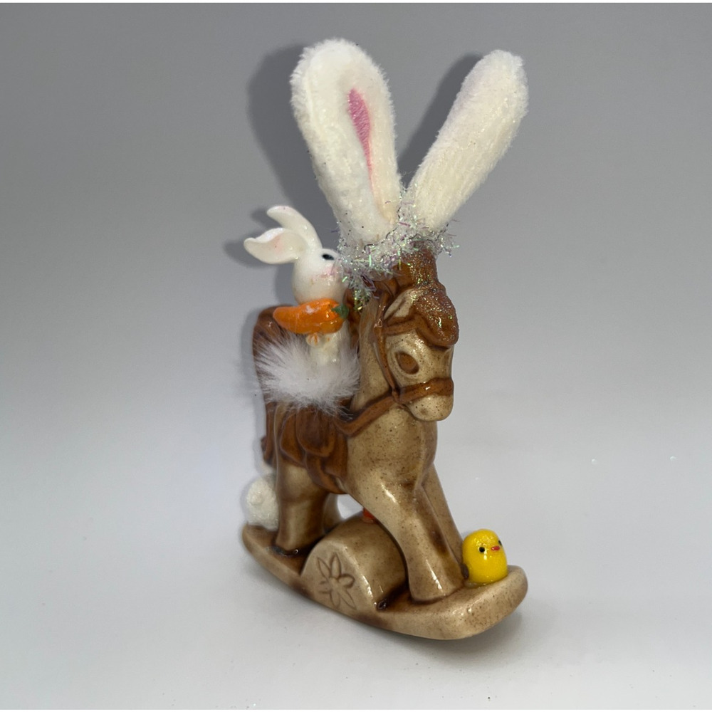 Vintage Ceramic Mini Rocking Horse Easter Bunny Chick Rider Faux Fur saddle OOAK - Picture 3 of 16